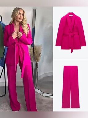 Zara Tailored Tie-Waist Neon FUSHIA Women's Blazer & Pants Set